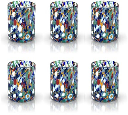 MAZZEGA ART & DESIGN - 6 Arlecchino Shot Glasses in Glass Hand Blown and Handmade with Murano Murrine, I Colori di Murano Line, 75 ml. Made in Italy (SHOT, 6)