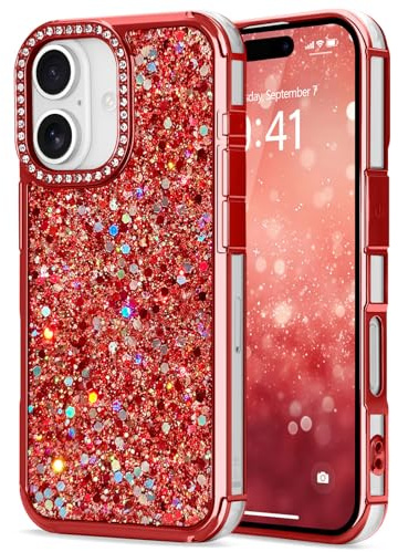 ROSEHUI Glitter Sequin Bling Phone Case for iPhone 16, Red | Cute with Rhinestone Diamonds, TPU Shockproof Protective Cover, Clear TPU Bumper, Luxury Slim, Fashion for Women Girls