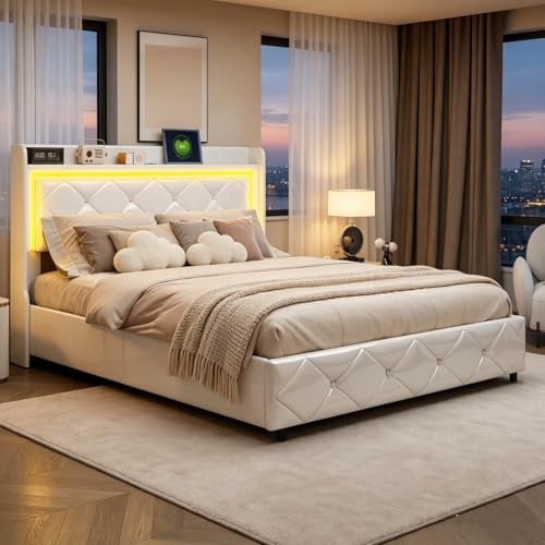 BRILVERDE Polsterbett 160x200 mit Stauraum, Doppelbett mit LED und USB, Jugendbett mit Kopfteil, Hydraulisch Stauraumbett, Bettgestell mit Lattenrost, Funktionsbett, PU (Weiß, 160 x 200 cm)