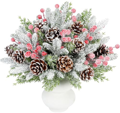 Songjum 60 Stück Weihnacht Künstliche Kiefer mit Schnee Zweige Dekorative Zweige mit Roten Beeren Natürliche Kiefernzapfen Weihnachtsdeko Für DIY Kranzen Weihnachtshäuser Esstische Party Dekoration