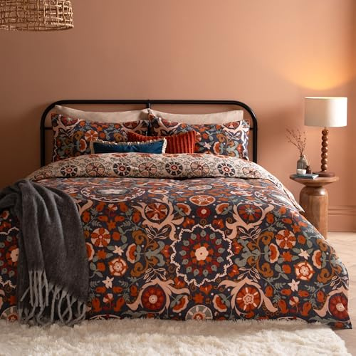 furn. Kinfolk Duvet Cover Set – Reversible Suzani Inspired Floral Geometric Tile Cotton Blend Easy Care Bedding (Denim Blue - Double)