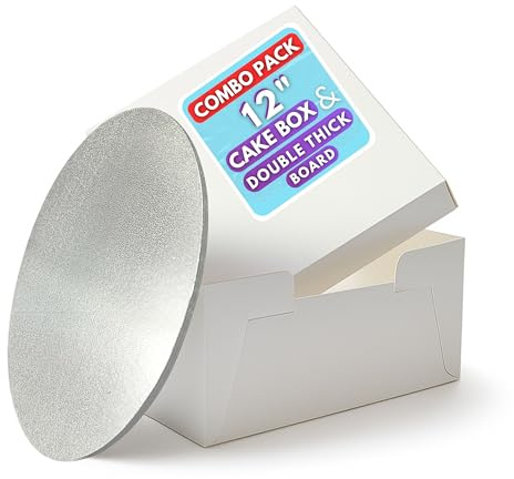 Pack N Trade 12 Inch White Cake Box & 12″ Silver Foil Round Cake Board Combo – 3mm Double Thick MDF Board, Reusable & Sturdy Cake Base, Ideal for Safely Carrying and Transporting Cakes