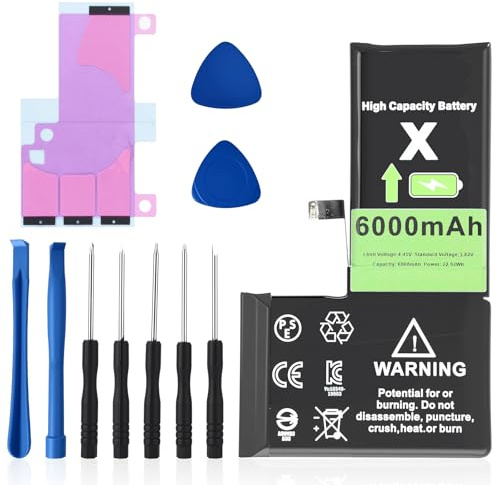 Batterie pour iPhone X,6000mAh Haute Capacité Batterie de Remplacement avec Kits d'Outils de Réparation Complets pour A1865, A1901, A1902