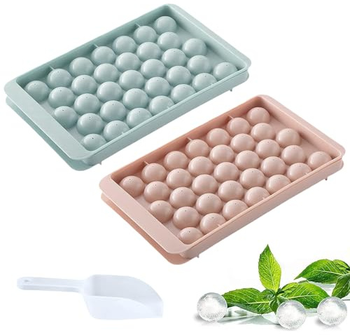 2 Pcs Mini Ice Cube Trays, Round Small Sphere Ice Moulds, 33-Cell Ball ICES Cube Moulds Reusable for Whiskey, Cocktails & More with Shovel (Blue, Pink)