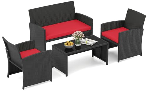 COSTWAY Set Salotto da Giardino 4 Pezzi, Divanetto e Poltrone in Rattan con Tavolino da Caffè in Vetro Temperato, Set di Mobili da Esterno Imbottiti per Cortile, Veranda e Bordo Piscina (Rosso)