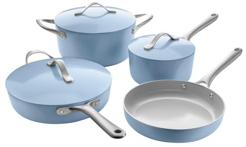 ProCook Soho SKU Blue Cookware Set Ceramic Non Stick PFAS Free Aluminium Induction and Oven Safe 4 Piece Pots and Pans Set 18cm 24cm 26cm