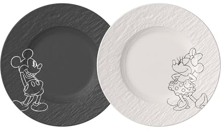 Villeroy & Boch Manufacture Rock – Mickey Mouse – Frühstücks-/ Dessertteller, 2-teilig, schwarz/weiß, spülmaschinenfest & mikrowellensicher, Schieferoptik mit Mickey Mouse Dekor, Premium Porzellan