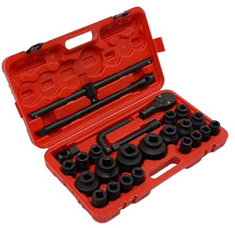 Douilles à Chocs Jeu Douille Impact Coffret Douilles Mécaniques 26 Pièces Acier Carbone 45 Phosphaté Noir 6 Points Clé Cliquet 72 Dents Mallette Rangement Sécurisé Garage Auto Camion Mécanique