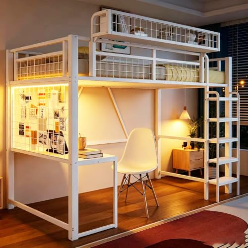 Merax Metall-Hochbett 90x200 cm mit Schreibtisch, Aufbewahrungsnetz, LED & Steckdose – Sicherheitsgeländer, Leiter, Weiß (Ohne Matratze)