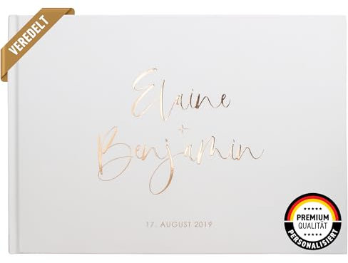 DeinWeddingshop Deluxe Hochzeitsgästebuch | Gästebuch zur Hochzeit personalisiert | Veredelung in Gold, Rosé-Gold, Silber oder Kupfer | A4 quer | Beige, Inhalt mit Fragen
