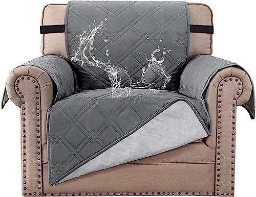 BellaHills Stuhlhussen für Wohnzimmer, 100% wasserdicht, Sesselbezüge für Hunde/Haustiere, Leder, Couchbezug, Möbelstuhlschutz mit rutschfestem Gurt, maschinenwaschbar (Stuhl 53,3 cm, Grau)