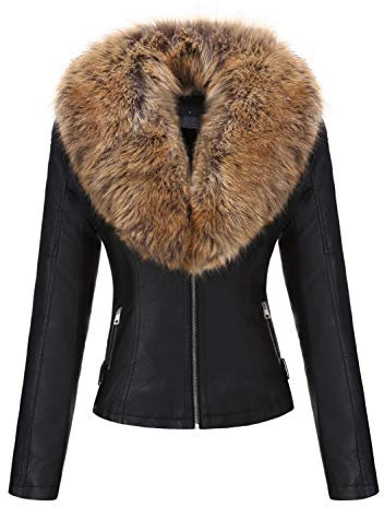Geschallino Kurze Motorradjacke aus Kunstleder für Damen Sherpa Gefütterter Mantel mit Abnehmbarem Pelzkragen 9201 Schwarzgelb S