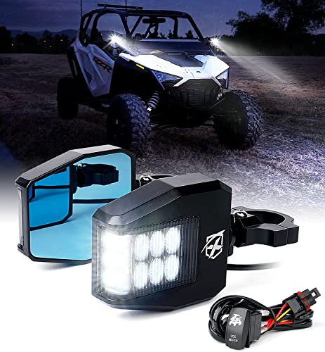 Xprite Aluminium UTV Seitenrückspiegel passend für alle 1,6-2 Zoll Rollstangenkäfig, blaue Blendschutz-Spiegel und Rauchlinse, LED-Spot Licht für UTV ATV Can am Maverick X3 Polaris RZR XP 1000 Yamaha