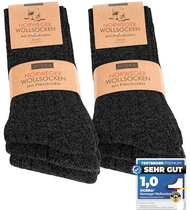 OCERA NORWEGER Wollsocken für Damen & Herren, 6 Paar warme Winterstrümpfe aus Wolle mit weicher Plüschsohle