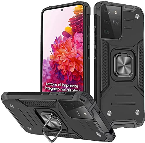 KANSi Coque Compatible pour Samsung Galaxy S21 Ultra 5G, Housse TPU Silicone Rotation 360° Aimant Anneau Support Double Défense Protection Etui - Noir