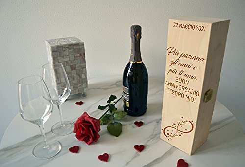 Guizzo Creart - Porta Bottiglie di Vino a Tema per Idee Regalo Anniversario, Scatola Portabottiglie Vino Confezione 35.4x10.4x9.5 cm Scritta Personalizzata, Porta Vino Scatola Legno, Box Made in Italy