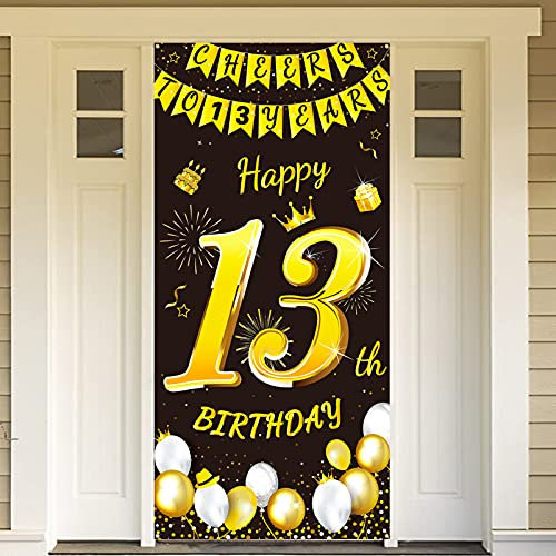 DPKOW Black Gold 13th Birthday Decoration for Boy Girl, Black Gold 13th Birthday Banner for Backdrop Door Decoration,13th Birthday Background Banner for Garden Table Wall Decoration, 185 x 90cm Fabric