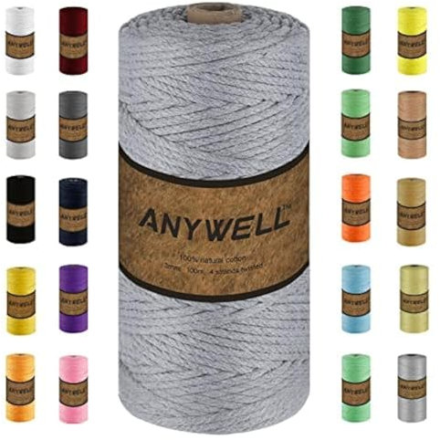 ANYWELL Hellgrau Makramee Garn 3mm x 109yards, Corde Makramee, farbiges Makramee-Seil, Baumwollschnur, handgefertigtes, weiches 4-strängiges gedrehtes Baumwollseil, Wandbehang, Pflanzenaufhänger