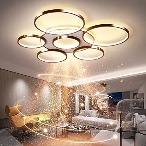 JMrider Deckenlampe LED 106W Dimmbar Deckenleuchte Mit Fernbedienung Wohnzimmerlampe Modern Schlafzimmer Büro Esszimmer Acryl Lampenschirm Aluminium Rahmen 7 Ringe Braun Beleuchtung Pendellampe