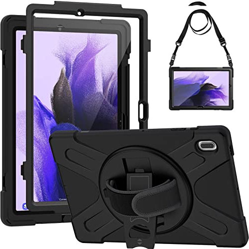 Gerutek Coque Antichoc pour Samsung Galaxy Tab S7 FE/S8 Plus/S7 Plus 12,4+Protection d'écran, avec Béquille Rotatif, Dragonne et Bandoulière Réglable, Porte-Stylet,Housse pour Samsung Tab S7 FE, Noir