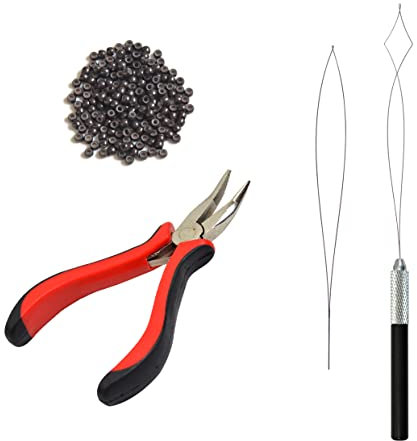 Hair Extensions Pliers Kit with I-tip Hair Pliers Pulling Needle Loop Threader and 200 Pcs 3.0mm Silicone Lined Nano Rings Micro Links Beads (Dark Brown)
