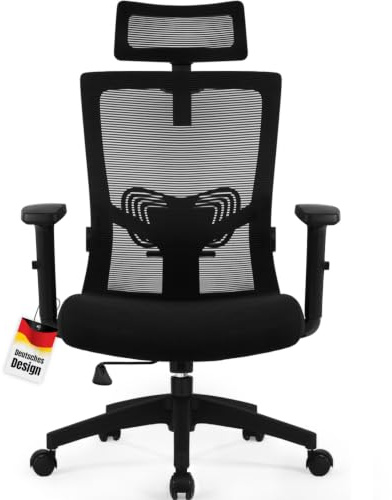 Daccormax Bürostuhl Ergonomisch, Schreibtischstuhl mit Verstellbarer Kopfstütze, Armlehnen, Lendenwirbelstütze, Drehstuhl Wippfunktion bis 135°, Chefsessel aus Mesh,Rückenschonend, Bürostuhl 150kg