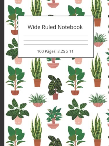 Large Wide Ruled Hardback Composition Notebook - Houseplants indoor pot plants Design for Children, Teens and Adults, Students and Professionals: 100 pages, 8.25 x 11 inches in size