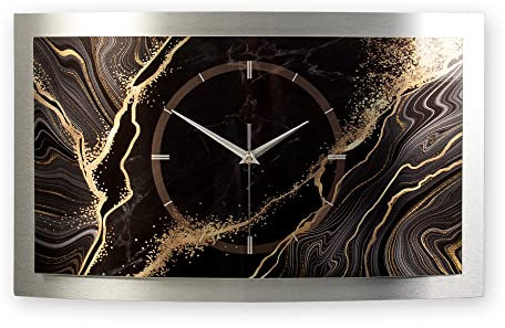 Kreative Feder 3D Designer-Wanduhr Black & Gold Marble in modernem Metallic-Design; leise Funkuhr mit glänzendem Motiv wahlweise in Zwei Größen (Black & Gold Marble, 80x40cm; leises Funkuhrwerk)