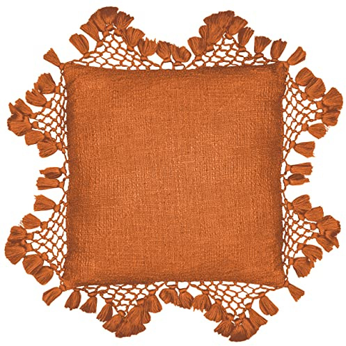 Yard Anko Feather Filled Cushion (Pecan, 45 x 45 cm) | Textured Cotton with Macramé Tassel Trim