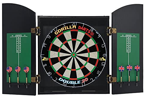 GORILLA DARTS Centre Set Wooden Black Ash Cabinet Set Dartboard inc Darts Package