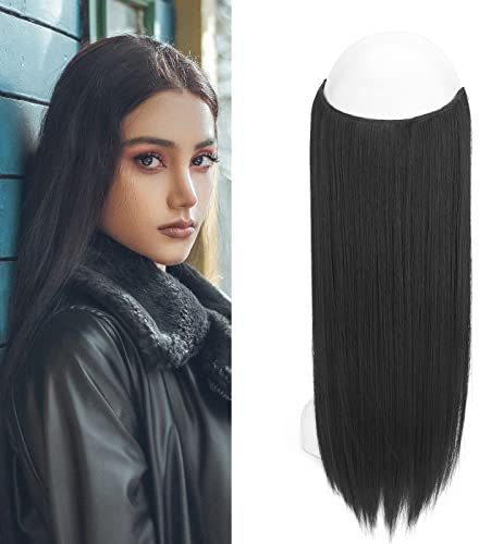 Gairyan Haarteil Extensions Haarverlängerung mit Unsichtbarem Draht 20 Invisible Secret 1 Tresse Haarteil mit Gummiband Kunsthaar mit Geheimfaden Lange Glatte Synthetik Haare für Damen (Schwarz)