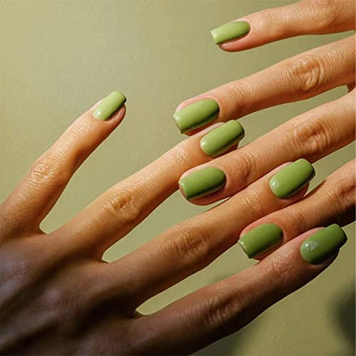 24pcs Square False Nails Short Stick on Nails Green Press on Nails Removable Glue-on Nails Fake Nails Women Girls Nail Art Accessories