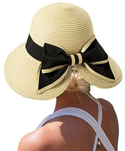 Comhats Faltbarer Strohhut für Damen Sonnenhut am Strand UV Schutz Sommerhut Garten Pferdeschwanz 94561_beige1
