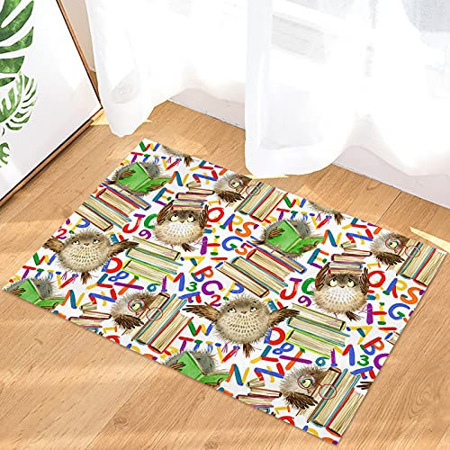 Matten Schulsaison Cartoon Eule Und Bücher Im Retro-Stil Fußabtreter Pflegeleichte Badezimmerteppich Super Absorbierende Matte Für Geschenk Flur Küche 50X80Cm