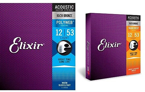 Elixir 11050 Saiten 80/20 Bronze Akustik-Gitarrensaiten mit POLYWEB Beschichtung, Light (.012-.053) & Saiten 80/20 Bronze Akustik-Gitarrensaiten mit NANOWEB® Beschichtung, Light (.012-.053)