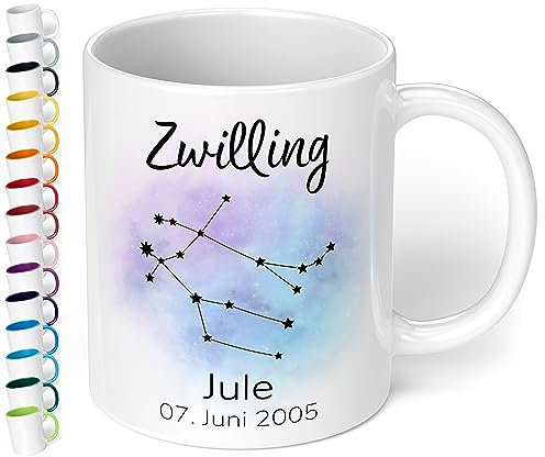 Sternzeichen Tasse mit Namen, Datum und 12 Sternenbilder personalisiert – 330ml Keramik Kaffeebecher, kleine Geschenke für Kollegen Frauen Männer Büro Geburtstag Weihnachten (Weiß)