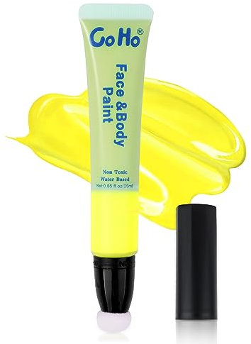 Go Ho Yellow Face Paint Cream Water Based Washable Foundation(0.85oz),Yellow Body Paint Wand with Cushion Applicator for Halloween Cosplay SFX Makeup