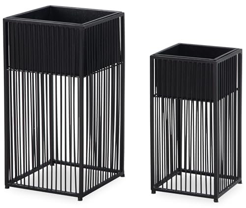 FineBuy Blumentopf 2er Set Metall Pflanzkübel Schwarz mit Gestell, Design Pflanzenkübel Quadratisch, Blumenkübel Pflanzgefäß Indoor