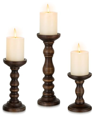 Romadedi Kerzenhalter aus Holz für Stumpen – Set mit 3 hohen, rustikalen Vintage-Kerzenhaltern, Bauernhaus-Kerzenständer für Kamin, Kaminsims, Regal, Tisch, Heimdekoration, Dunkelbraun, 15,2 cm / 21,1