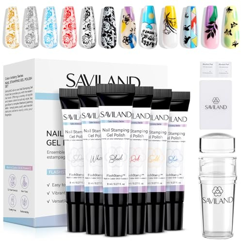 SAVILAND 6 Farben Stamping Gel Nagellack Set: Leuchtendes Gold Rosa Weiß Stamping Lack für Nägel mit Nagelstempel Austauschbarer French Nails Stempel Silikon Stempelkopf Schabern Hause DIY Nageldesign