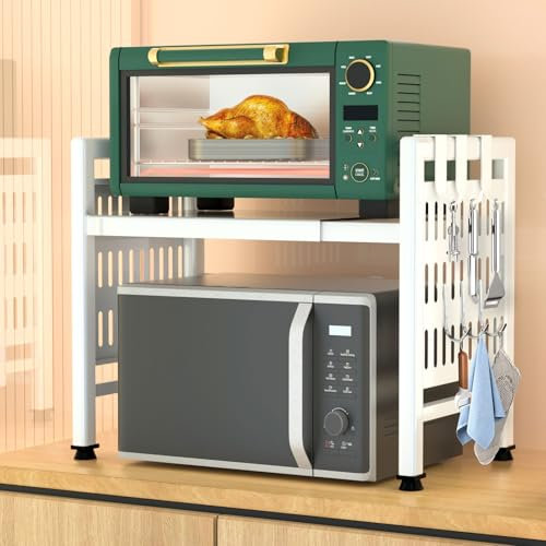 ZLPBAO 2-stufig Mikrowellenregal Weiß, Hohe Stabilität, da rutschfeste & gummierte Füße - Höhen & längenverstellbares Mikrowellen Regal 40-64cm, Regal küche mit 6 Hängenden & Anleitung, Werkzeug