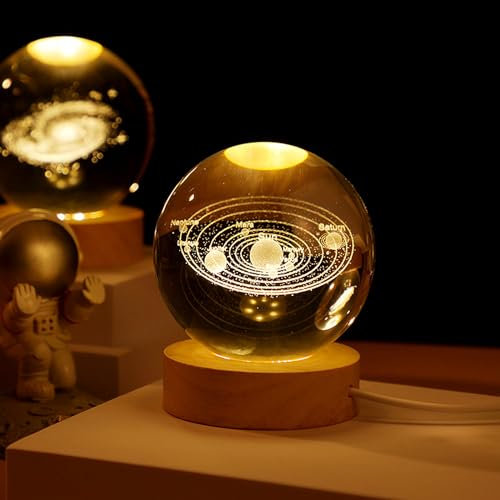 Undres Kristallkugel, Glaskugel Lampe, 3D Kristallkugel Nachtlicht, Massivholzsockel, Nicht Nur Eine Lichtquelle, Sondern Auch Ein Wunderschönes Kunstwerk, dø:6CM, USB-Schnittstelle. (Sonnensystem)