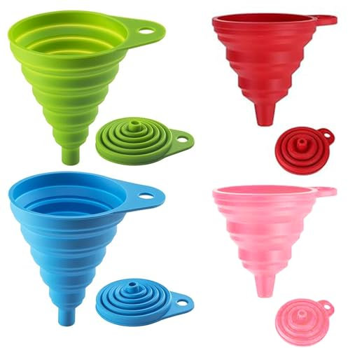 4 Piezas Embudo Silicona, Juego de Embudos Plegables de Silicona, Embudo Plegable, Embudo Portátiles, Embudo Cocina Gadget, para Cocina, Viajes, Camping, Garaje, Laboratorios