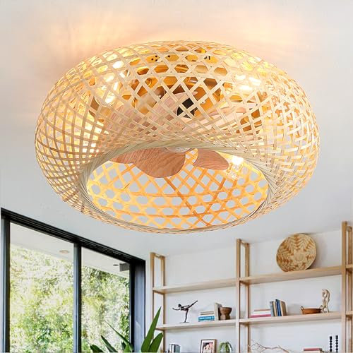 Ventilador De Techo Con Luz Música Y Mando A Distancia,Silencioso Inteligente Ceiling Fan With Light,Ratán Vintage,Bombilla E27 Tipo Jaula Rústica,Ventilador De Techo Con Luz Dc Salón,Cocina