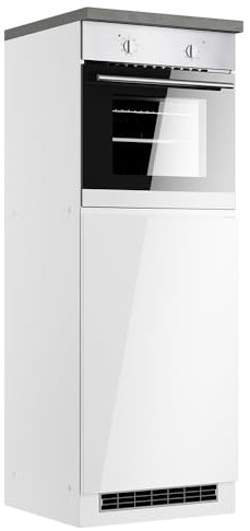 Lomadox Küchenschrank Umbauschrank für Kühlschrank und Backofen 60 cm, Hochglanz weiß, Arbeitsplatte Betonoptik