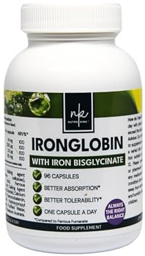 Nutra King Ironglobin 14mg Iron (Ferrous Bysglycinate) Complex Capsules (96 Capsules) - High Strength 14mg Iron Supplement with Multivitamin Complex, Folic Acid, Vitamin C, Vitamin B12