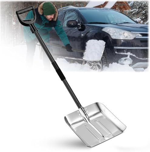 Aluminum Snow Shovel With 127 cm Long Handle - Heavy Duty Back Saving Metal Scoop for Driveway, Car, Decking, Outdoor Snow Removal - Black