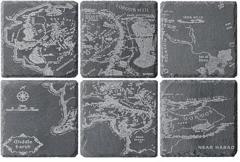 LOTR Middle Earth Map Coasters Set of 6 - Fantasy Slate Drink Coasters with Inspired Engraved Design Gift Set - Unique Barware & Home Decor for Lord of The Rings Fans Gifts, Coffee Table Protection