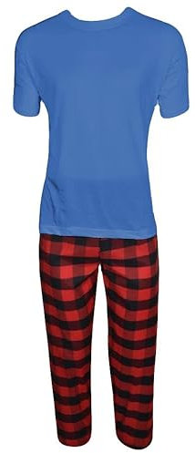 Gaffer Mens Pyjamas Set Trousers Woven Check Lounge Pants Long Sleeve T Shirts Top Red Blue PJ – Short Tshirt S