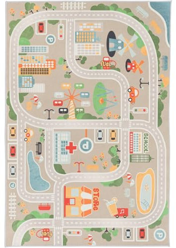 e-floor Kinderteppich Straßen – Straßendesign – Teppichboden – Spielspaß für Kinder – Lernmatte – Teppich für Schule – Kindergarten – Teppich fürs Kinderzimmer - 100x150 cm - Beige